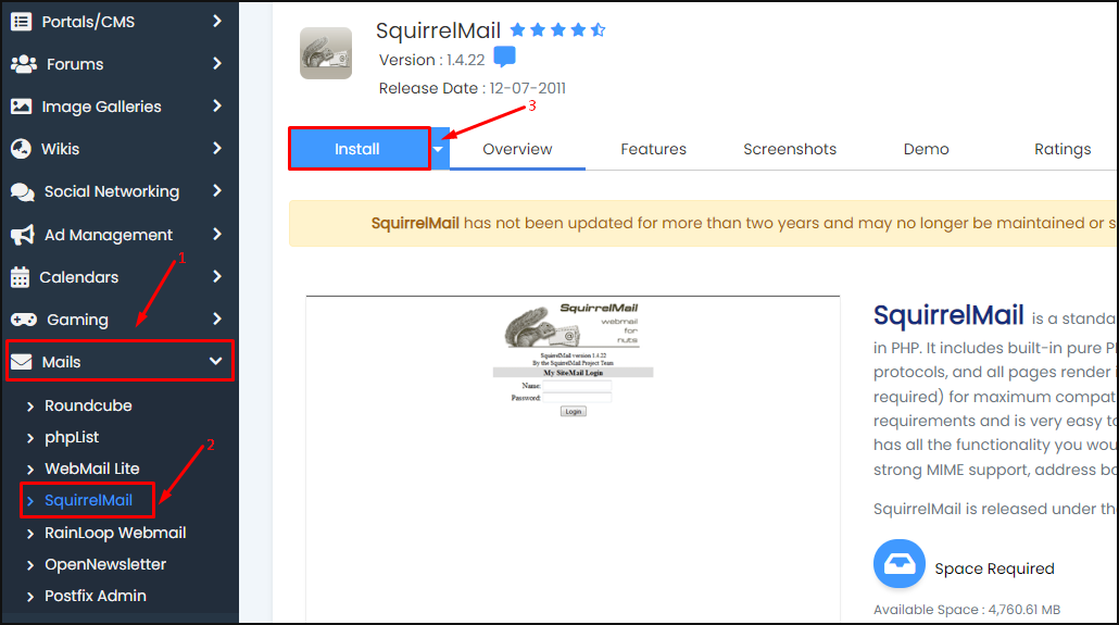 Install squirrelmail melalui softaculous
