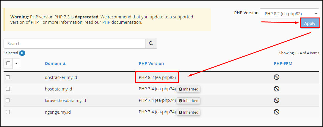 Versi PHP pada domain berhasil di ubah