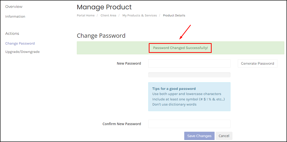 password control panel directadmin berhasil dirubah